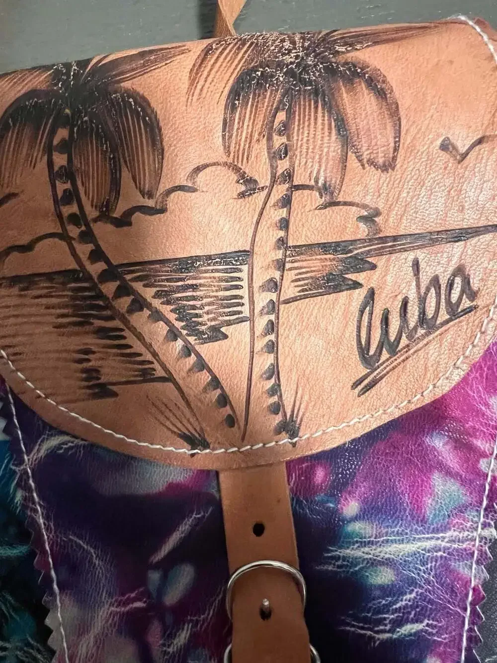 Vintage Hand-Tooled Leather Mini Backpack with Cuba Palm Tree Motif